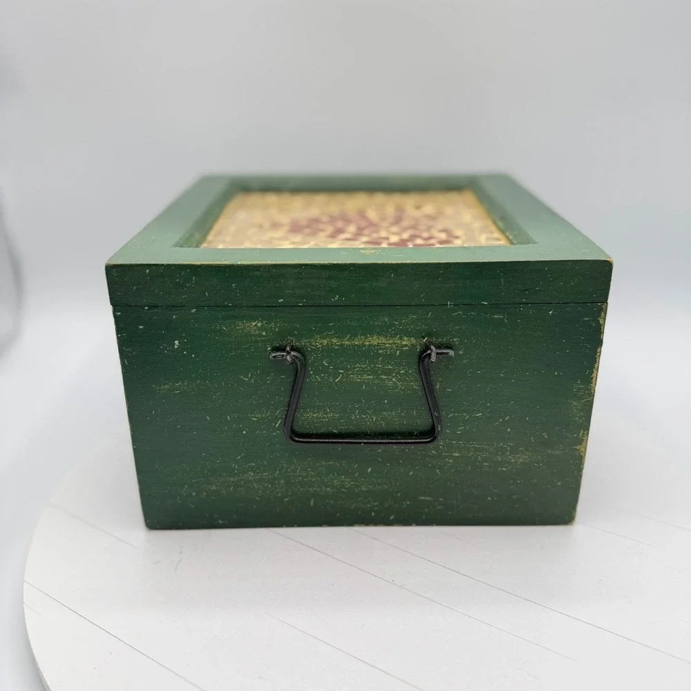 Vintage Wooden Green Lidded Box w/ Tile Mosaic Heart Cottagecore Country Chic